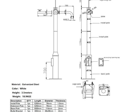 AlarmsysteemExpert.nl Camera Pole 4.5 m, Anthracite Gray, Galvanized Steel, Lightning Rod