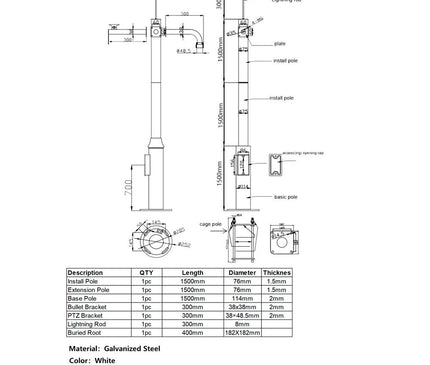 AlarmsysteemExpert.nl Camera Pole 4.5 m White, Galvanized Steel, Lightning Rod