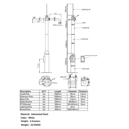 AlarmsysteemExpert.nl Camera Pole 4.5 m White, Galvanized Steel, Lightning Rod