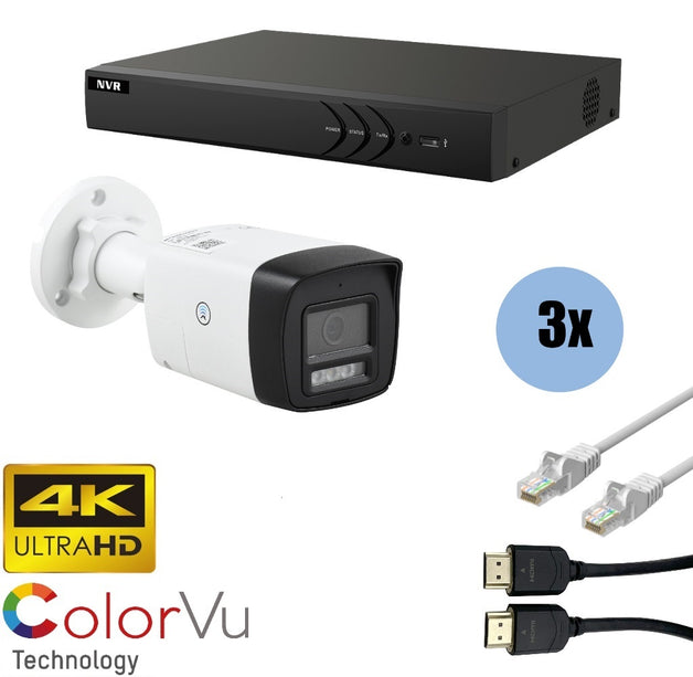 ASE Kit, 3x Bullet, 8Mp 4K Ultra HD, ColorVu met NVR en bekabeling