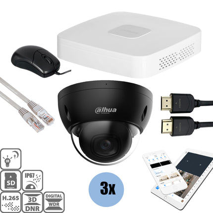 Dahua Black kit 3x Dome 8MP + Recorder & Bekabeling
