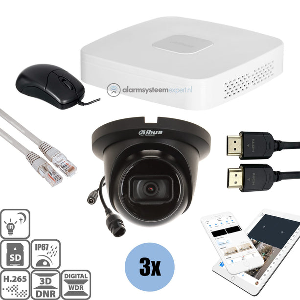 Dahua Dahua Black Kit 3x Turret 8 Mp + Rekorder & Verkabelung