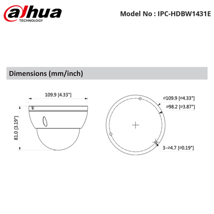 Dahua Dahua IPC-HDBW1430DE-SW Dôme fixe WiFi 4 MP Micro SD