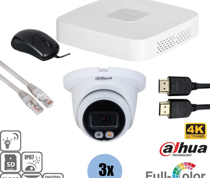 Dahua Dahua Set 3x Turret 8MP 4K Full-Color + Recorder & Cabling