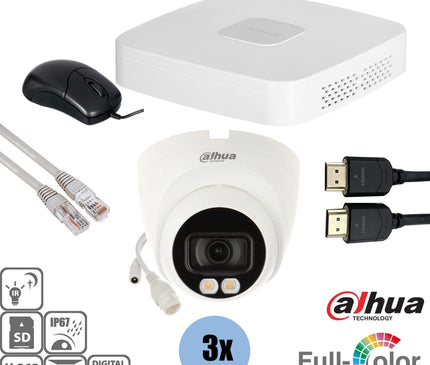 Dahua Dahua Set 3x Turret Full-Color 4MP + Recorder & Cabling