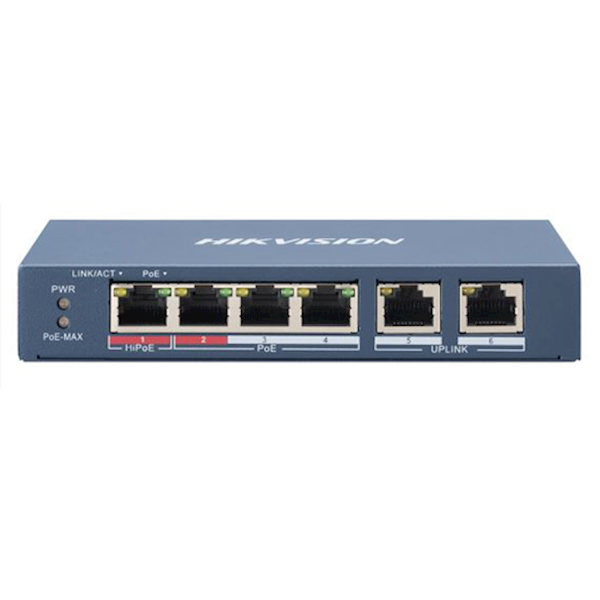 Hikvision DS-3E0106HP-E, 6 Poorts, 1x High PoE, 3x PoE, 2x Uplink