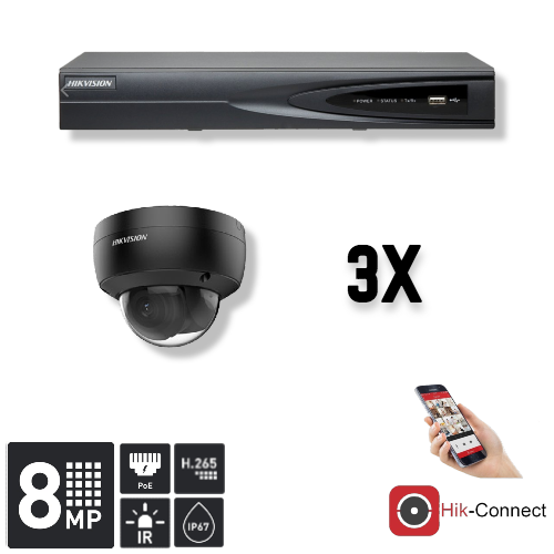 Hikvision Hikvision Set 3x Dome 8MP + Recorder & Bekabeling