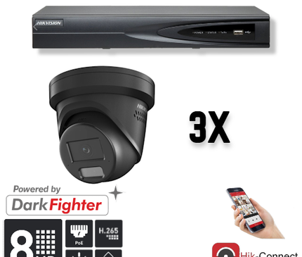 Hikvision Set 3x Turret 8MP + Enregistreur & Câblage